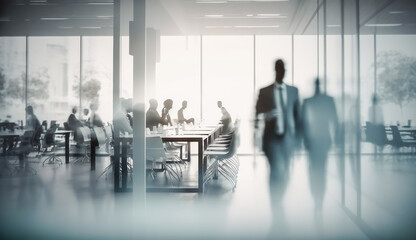 blurred business people in white glass office background, Generative AI.
