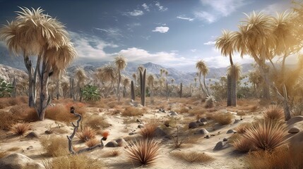 Life in the tropical desert landscape of 10,000 BC was tough, and only the species that were well-suited to the environment could survive. Game context. AI-generated - 596262787