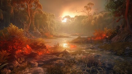 game setting in 10,000 BC landscape with volcanoes and lava. Risky dramatic land due to active volcanoes and lava flows. Features lavic stones spewing out of molten lava and ash. AI-generated