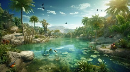 In 10,000 BC, the tropical rainforests were rich with towering trees, abundant wildlife, a variety of species, including colorful birds and exotic primates. AI-generated - 596263192