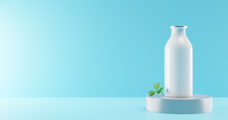 Milk day. Full bottle of clover leaf on the podium. 3d rendering.