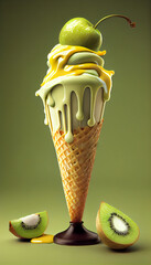 Illustration of kiwi ice cream with kiwi slices in a waffle cone. A popular summer cold treat. Generated by artificial intelligence