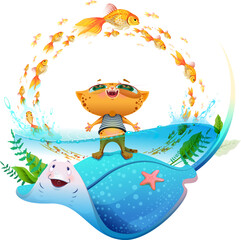 Fun red cat in striped vest swim in sea. Tropical sea summer paradise stingray and goldfish