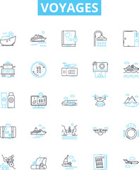 Voyages vector line icons set. Tours, Trips, Cruises, Journeys, Tours, Excursions, Adventures illustration outline concept symbols and signs
