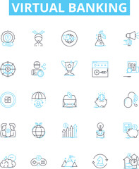 Virtual banking vector line icons set. Virtual, Banking, Online, Financial, Services, Payments, Mobile illustration outline concept symbols and signs
