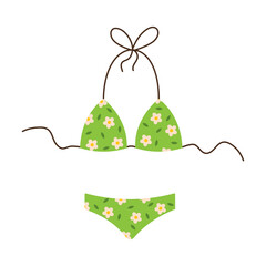 Vector lingerie or swimsuit with floral pattern. Womens green swimwear in flat design. Swimsuit for beach leisure. Clothes for swimming. Two-piece swimsuit.