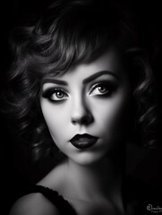 Fototapeta premium Dramatic Black and White Beautiful Womna Portrait with Bold Eyeliner. Generative Ai
