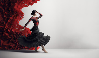 Spanish culture and tradition. Female flamenco dancer with red dress over white background. Generative AI
 - obrazy, fototapety, plakaty