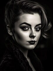 Fototapeta premium Dramatic Black and White Beautiful Womna Portrait with Bold Eyeliner. Generative Ai