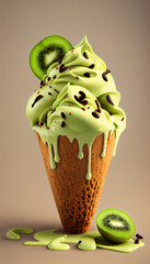 Illustration of kiwi ice cream with kiwi slices in a waffle cone. A popular summer cold treat. Generated by artificial intelligence