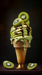 Illustration of kiwi ice cream with kiwi slices in a waffle cone. A popular summer cold treat. Generated by artificial intelligence