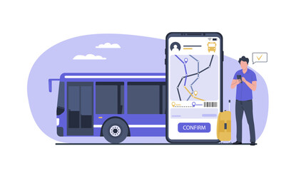 A man buying bus ticket online on smartphone. Vector illustration.