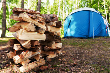 Camping in the forest. Summer outdoor recreation. Stacked firewood on the background of a tent