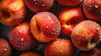 Fresh ripe nectarines with water drops as background, top view.
