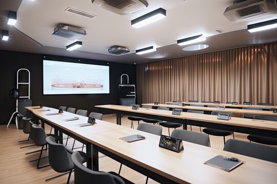 high-tech meeting room, with projectors and presentation screens for presentations, created with generative ai