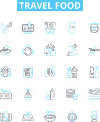 Fototapeta premium Travel food vector line icons set. Voyage, Cuisine, Meal, Taste, Delicacy, Snack, Portable illustration outline concept symbols and signs