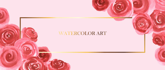 Beautiful abstract art botanical composition. Romantic design in pink, red, golden and white. Watercolor flowers, roses.