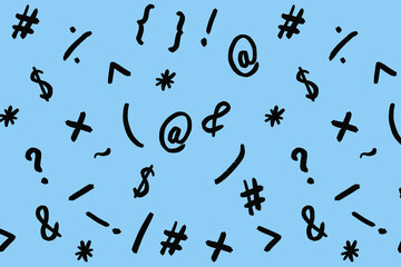 pattern with the image of keyboard symbols. Punctuation marks. Template for applying to the surface. pastel blue background. Horizontal image