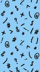 pattern with the image of keyboard symbols. Punctuation marks. Template for applying to the surface. pastel blue background. Vertical image