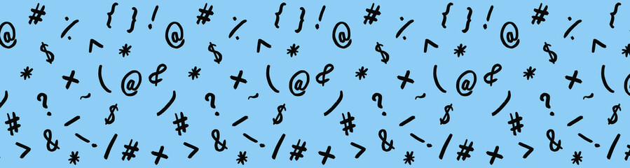 pattern with the image of keyboard symbols. Punctuation marks. Template for applying to the surface. pastel blue background. Banner for insertion into site. Horizontal image