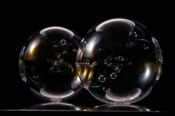 Two large bubbles on black background. Generative AI