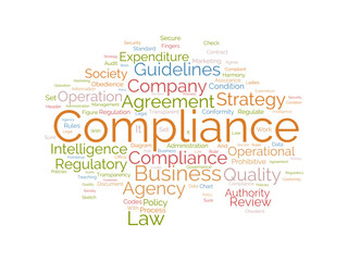 Word cloud background concept for Compliance. Business agency policy guidelines for quality process regulatory. vector illustration.