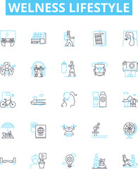 Welness lifestyle vector line icons set. Wellness, Lifestyle, Health, Fitness, Diet, Nutrition, Exercise illustration outline concept symbols and signs