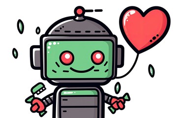 Naklejka premium Robot holding a Heart-Shaped Balloon. Generative AI