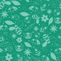 Green cute Ladybugs and leaves seamless pattern background. Cartoon ladybirds flying on dotted route, Summer pattern with leaves and bugs. Doodle bugs pattern.