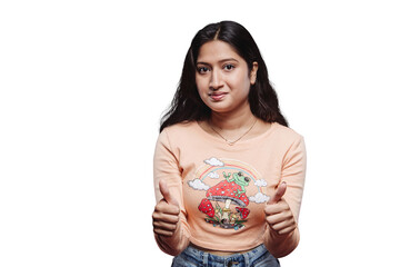 A portrait of a beautiful Indian girl, with both hands making the 
