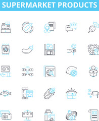 Supermarket products vector line icons set. Groceries, Produce, Dairy, Frozen, Meat, Seafood, Bakery illustration outline concept symbols and signs