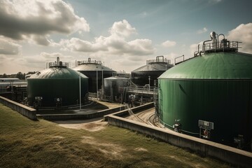An agribusiness biogas plant for energy production situated in a greenfield. Generative AI - obrazy, fototapety, plakaty