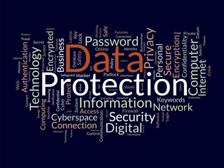 Word cloud background concept for Data protection. Digital security, network technology encryption of cyber cloud safety. vector illustration.