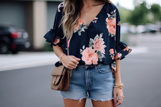 floral print top with ruffled sleeves and denim shorts for casual look, created with generative ai