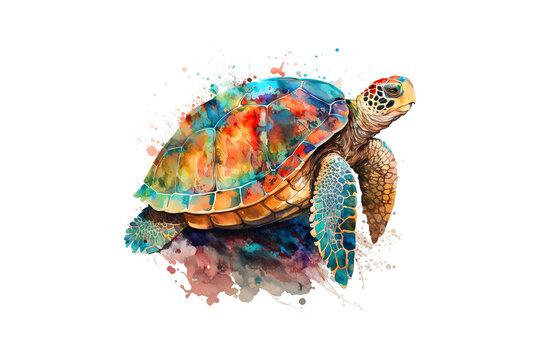 sea turtle drawn with multicolored watercolors isolated on a white background. AI generated