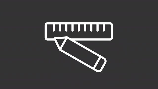 Animated pencil and ruler white icon. School supplies. Accurate measuring. Seamless loop HD video with alpha channel on transparent background. Outline motion graphic animation for night mode
