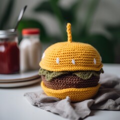 Knitted hamburger on a table, knitted food and crochet concept, Generative AI