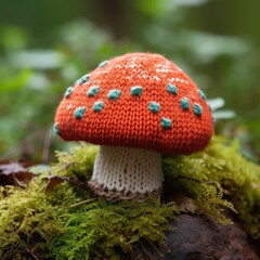 Knitted mushroom in the woods. Knitted food and crochet concept, Generative AI