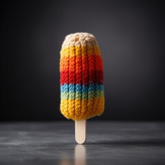 Handmade knitted ice cream Popsicle with colored yarn.  Knitted food and crochet concept, Generative AI