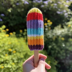 Hand holding a handmade knitted ice cream Popsicle with colored yarn.  Knitted food and crochet concept, Generative AI