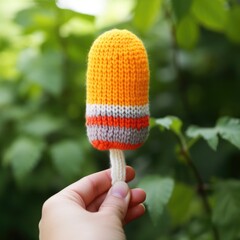 Hand holding a handmade knitted ice cream Popsicle with colored yarn.  Knitted food and crochet concept, Generative AI