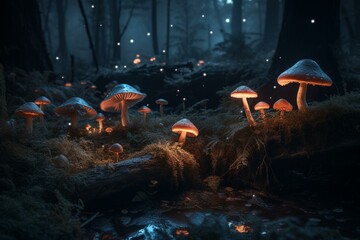 Dark, detailed, tranquil mushroom forest with glowing toadstools and adorable slime creatures. Generative AI