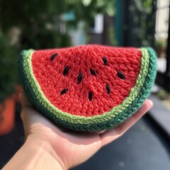 Hand holding a knitted watermelon slice. Knitted food and crochet concept, Generative AI