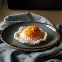 Knitted fried egg on a plate, knitted food and crochet concept, Generative AI