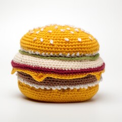 Knitted cheeseburger on a white background, knitted food and crochet concept, Generative AI