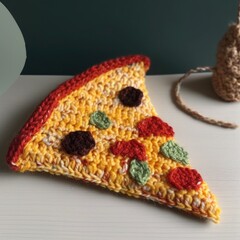 Knitted pepperoni pizza slice on a table. Knitted food and crochet concept, Generative AI