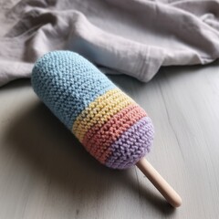 Handmade knitted ice cream Popsicle with colored yarn.  Knitted food and crochet concept, Generative AI