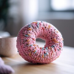 Knitted pink glazed doughnut on a table. Knitted food and crochet concept, Generative AI