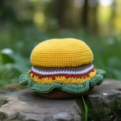 Knitted cheeseburger in the forest, knitted food and crochet concept, Generative AI