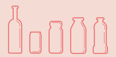 Set of bottles for drinks. Vector line illustration of bottles for milk, juice, alcohol, water, drinks. Minimalistic plastic and glass bottle icon design. Mockups of different types of bottles.